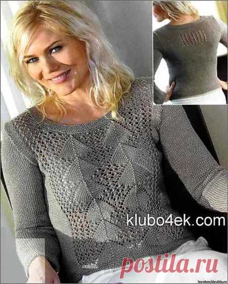 наберите 93(105)117(129)141 п. и вяжите платочной вязкой 12 рядов. Затем средние 59 п. вяжите ажурной вязкой по схеме А, другие петли вяжите лиц. гладью. Когда высота изделия будет 31(37)43(46)49 см, закройте по обоим краям для пройм рукавов в каждом 2-м ряду 1x4 п., 1(1)2(3)3х3 п., 1(2)2(2)3х2 п. и еще 1 (2)2(2)1х1 п. 
Продолжайте вязать ажурной вязкой, пока не провяжете б(7)8(8)9 треугольников в высоту. Закройте средние 23(23)25(25)25 п.