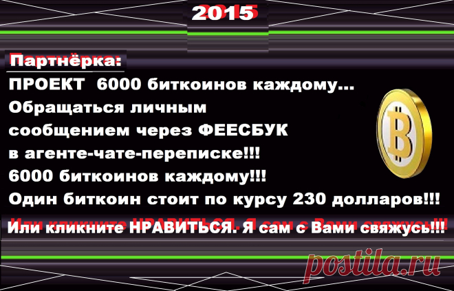 Партнёрка. 6000 биткоинов каждому. Курс биткоина: Один биткоин стоит 215 долларов.