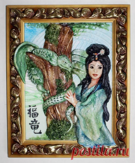 Картина из соленого теста &quot;Японка и дракон&quot; - Ярмарка Мастеров - ручная работа, handmade
