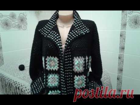 Кардиган из квадратных мотивов. Часть 6. Планка, воротник. Knitting women's cardigan. - YouTube
