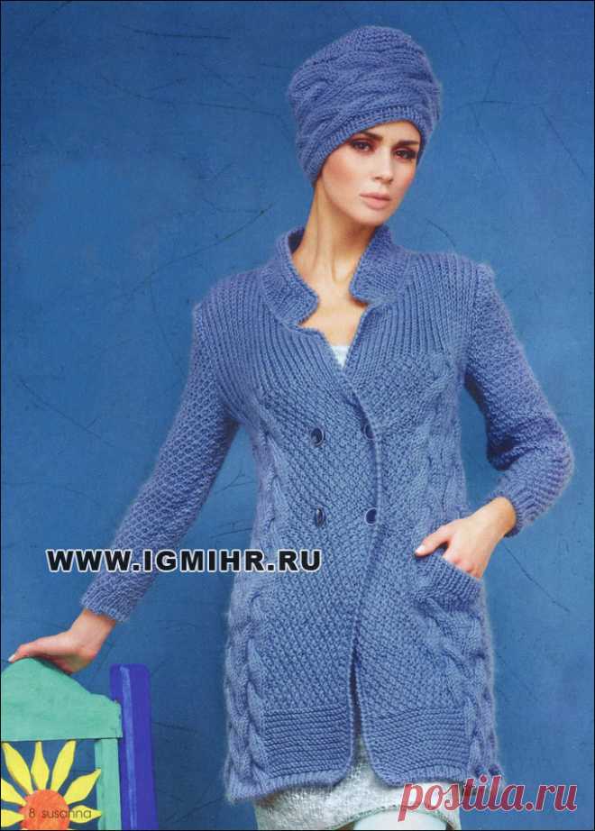 Теплое пальто и ультрамодная шапочка с выразительными узорами. Спицы