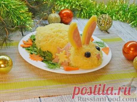 Салат "Кролик" с ветчиной, рисом, кукурузой и огурцом
Продукты (на 6 порций)