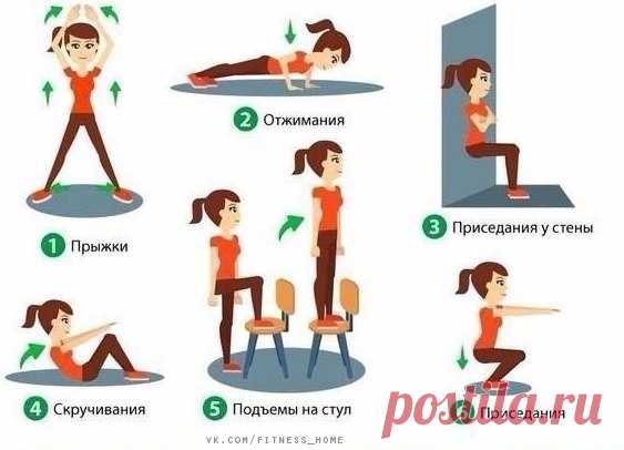 Друзья, у кого не хватает времени ходить в фитнесзал? 
Давайте устроим тренировку дома
Прекрасный жиросжигающий 15-минутный комплекс упражнений для домашней тренировки. Каждое упражение выполняйте по 15 раз, отдых между упражнениями 1 минута. 
Добавьте к нему 30 минут скандинавской ходьбы или бега - и вы будете поражены результатом!