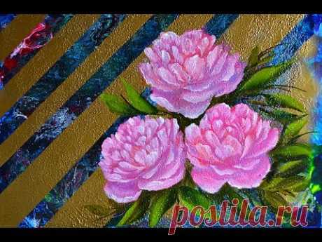 Пионы на полосатом фоне.  Масло.  how to paint peonies oil
