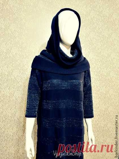 Вязаный комплект "Loro Piana " - тёмно-синий,в полоску,платье,платье вязаное