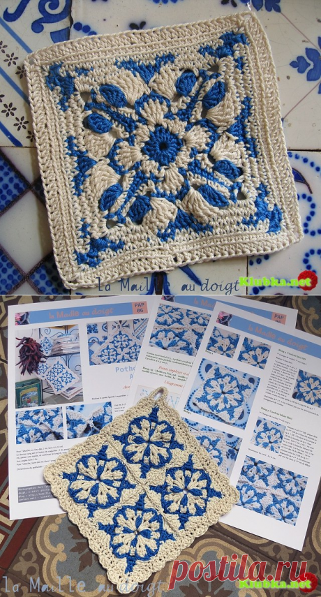 Красивейший &quot;бабушкин квадрат&quot; крючком в стиле &quot;гжель&quot;
