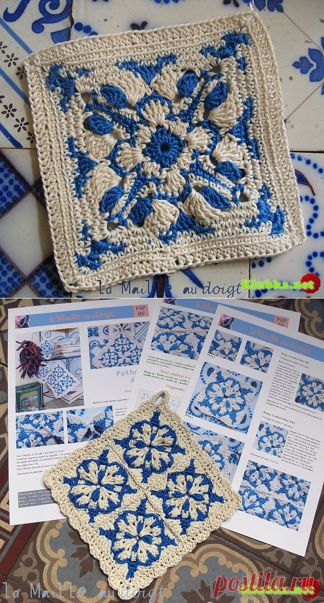 Красивейший "бабушкин квадрат" крючком в стиле "гжель"