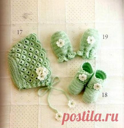 Детский вязаный комплект крючком по схеме. Чепчик, варежки, пинетки вязать крючком Урок вязания детского комплекта крючком. Как вязать чепчик для ребенка. Урок вязания пинеток крючком. Вяжем детские варежки по схеме.