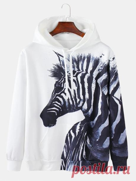 Mens 3D Zebra Printed Relaxed Fit Kangaroo Pocket Drawstring Hoodies - US$29.99