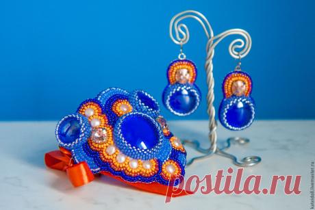 Купить Браслет и серьги &quot;Закат на Сапфировом острове&quot; - синий, тарт, сапфировый, оранжевый, закат