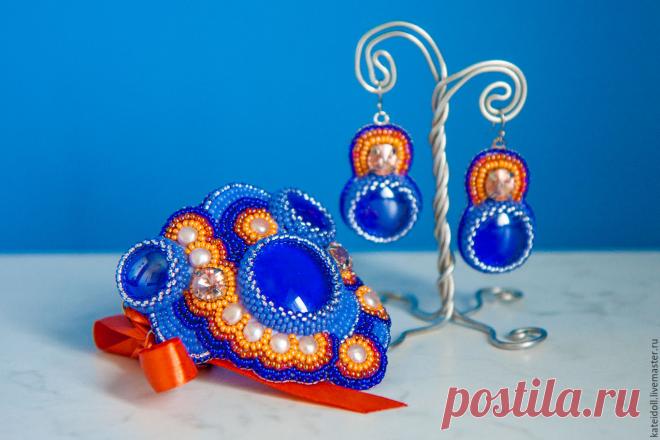 Купить Браслет и серьги "Закат на Сапфировом острове" - синий, тарт, сапфировый, оранжевый, закат