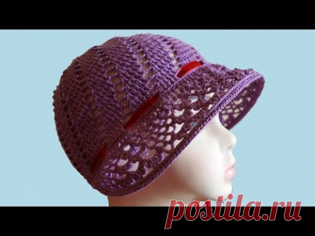 Шапка капор. Шляпка крючком. Шляпка для девочки. (hat crochet)