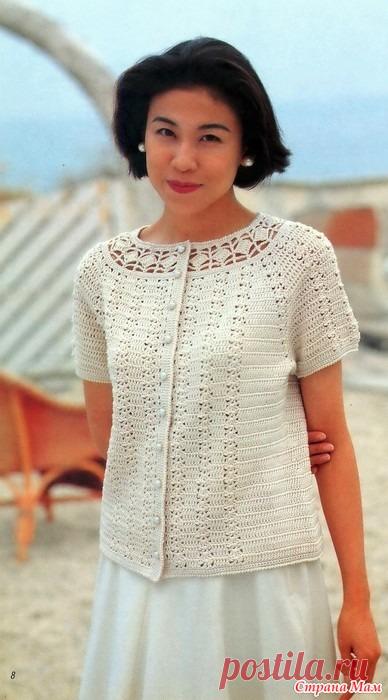 Изящный жакет с короткими рукавами и круглой кокеткой. Крючок. Beautiful crochet lace