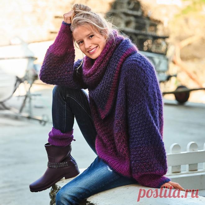 Джемпер с широкими рукавами и съемным воротником-петлей - схема вязания спицами. Вяжем Джемперы на Verena.ru