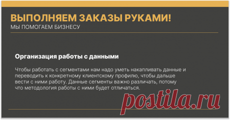 Организацию работы: инфраструктура, типология данных, подписки;
Тактические сегменты: атрибуты, поведение, составы заказов;
Аналитические сегменты: эффективность, динамика покупок, RFM, LTV.