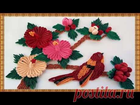 Paper Quilling how to make Beautiful bird, 3D Mandaram flowers and leaves handcrafted wall frame