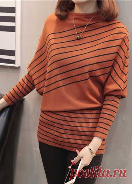 Batwing Sleeve Striped Chocolate Blouson Sweater | liligal.com - USD $32.08