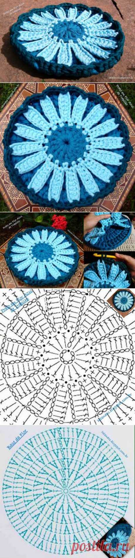 EU TAMBÉM CROCHETO...: Prato Flor Azul em Trapilho
