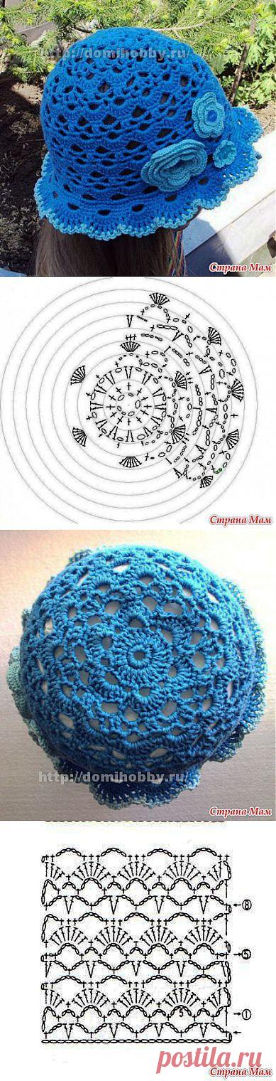 Голубая панамка крючком.