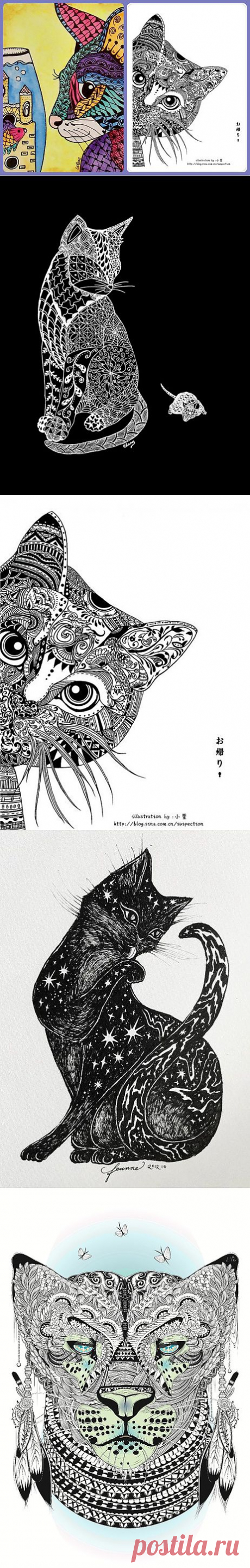 Zentangle Cats - любуемся кошками во всех ипостасях.