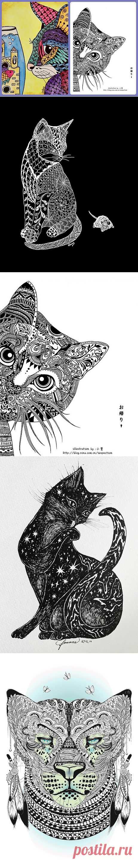 Zentangle Cats - любуемся кошками во всех ипостасях.
