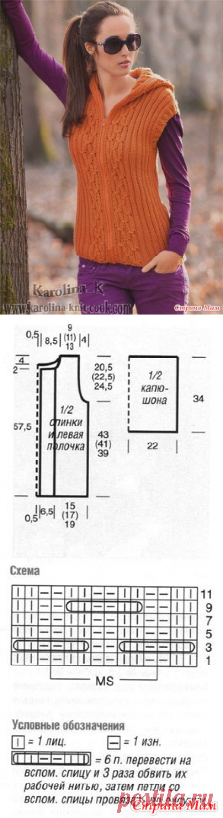 Оранжевый жилет на молнии с капюшоном - Вязание спицами - Страна Мам
