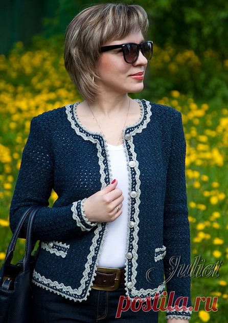 Вязание крючком - Жакеты крючком - Синий жакет крючком в стиле 