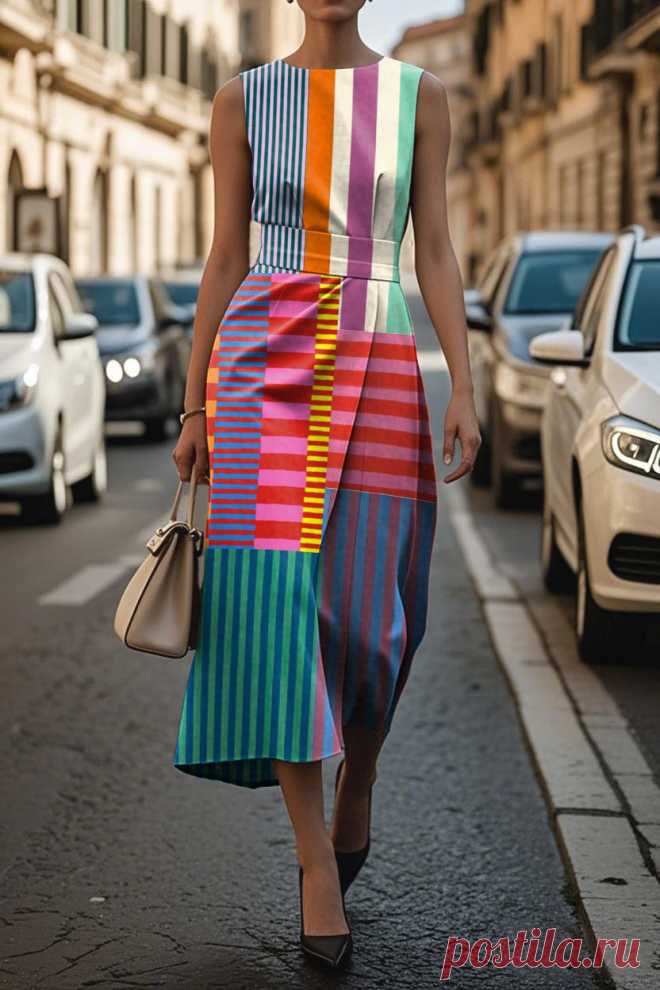Women's Elegant Abstract Geometric Print Sleeveless Midi Dress Beihailx