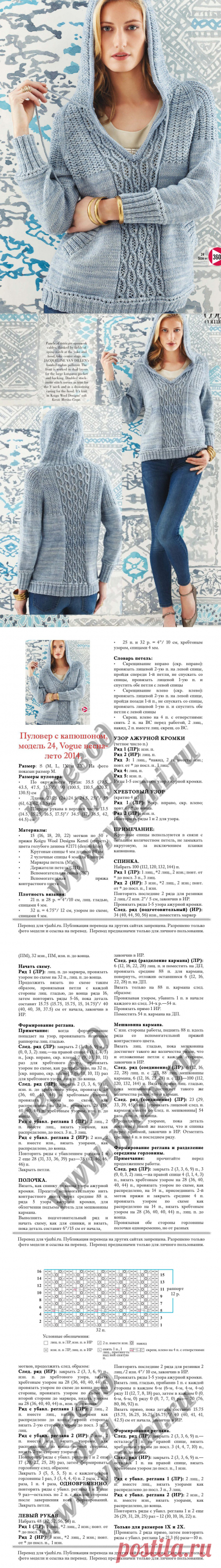 Вязание пуловера с капюшоном, модель 24, Vogue ss 2014