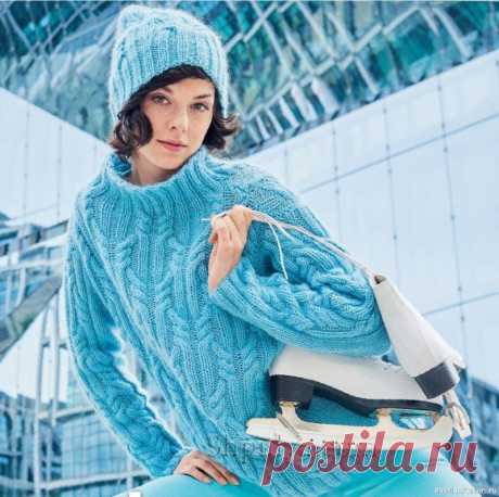 Свитер с воротником "стойка" и шапка. Описание и схема