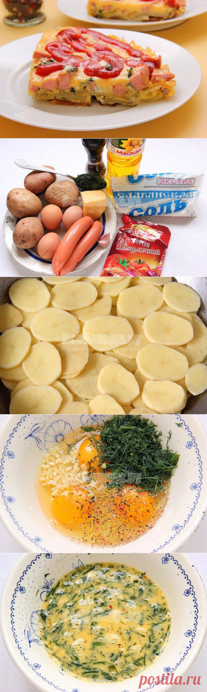 Ленивая пицца: жареная картошка с сосисками под омлетом и сыром Как пожарить картошку с сосисками и яйцами на сковороде, рецепт с фото