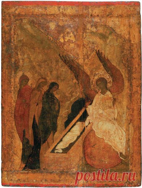 Праздничный чин (Троицкий собор, Троице-Сергиева лавра) (1425-1427) (Мастерская Рублёва) Жены-мироносицы у гроба (88.2 х 68 см)