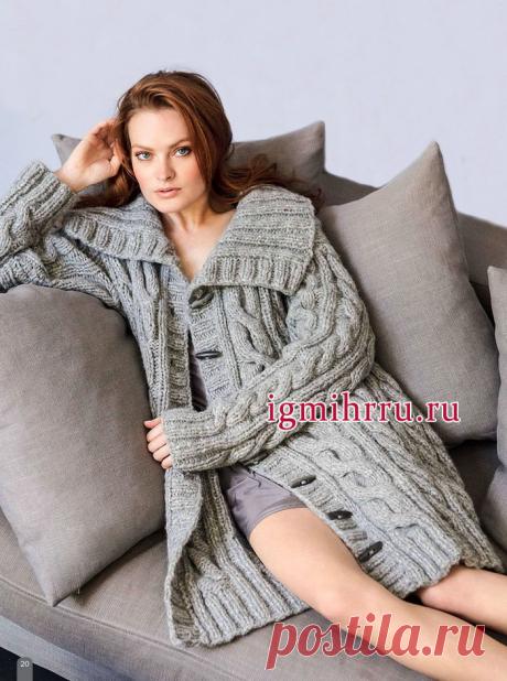Уютное тепло! Удлиненный серый жакет с большим воротником. Вязание спицами
