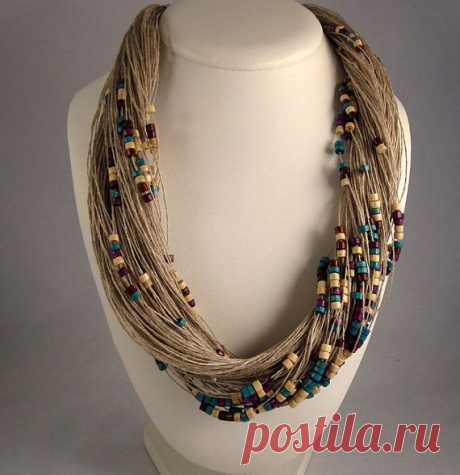 Necklace purple white green natural linen  Wood beads Eco Friendly Mediterranean style Handmade