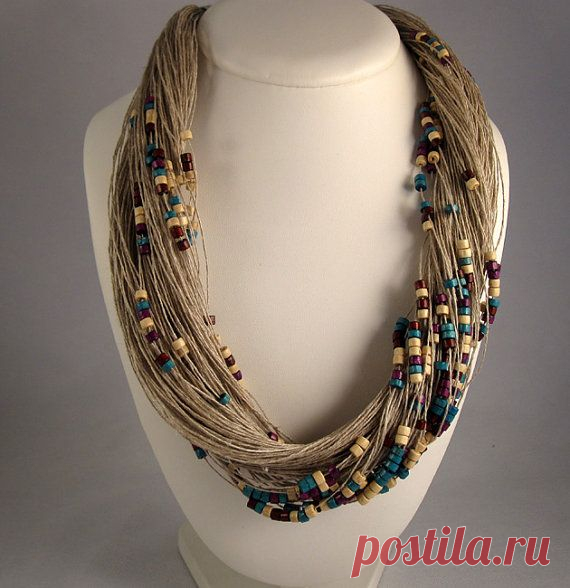 Necklace purple white green natural linen  Wood beads Eco Friendly Mediterranean style Handmade