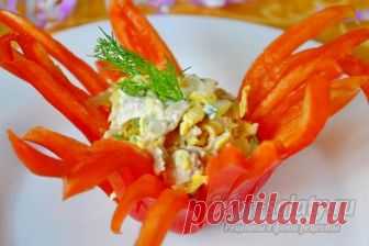 Салат с блинчиками в цветке из перца. Рецепт с пошаговыми фото