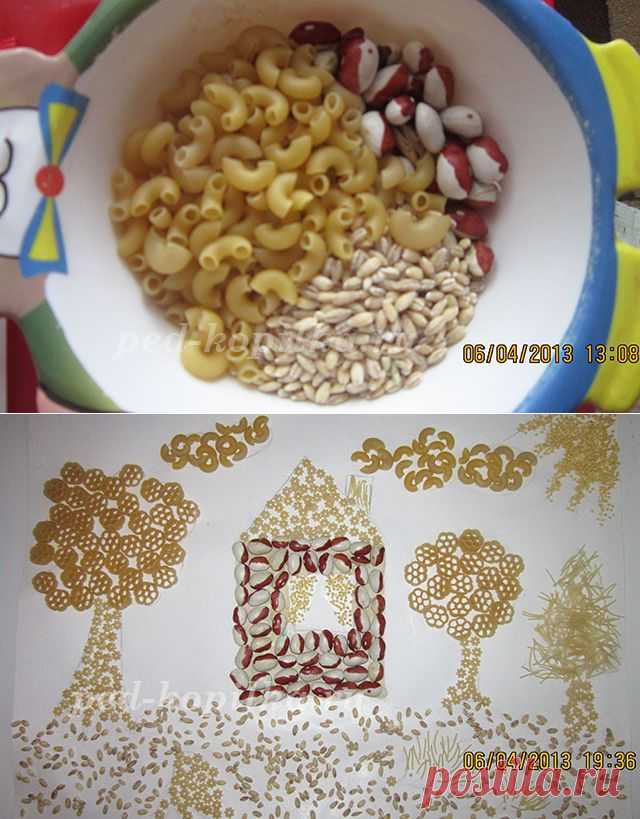 Аппликация из макарон и круп для детей 3-4 лет