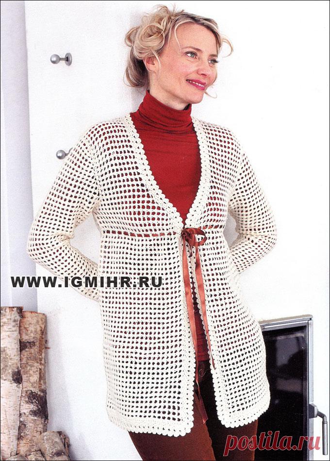 Белый ажурный жакет. Крючок