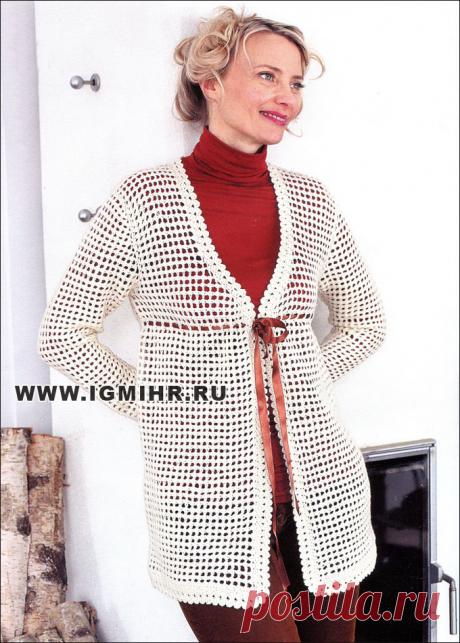 Белый ажурный жакет. Крючок