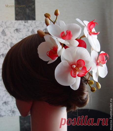 Купить Заколка-краб с орхидеями "Баунти". Полимерная глина. - белый, краб, краб для волос