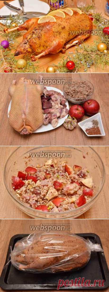 Запечённая утка с гречкой и яблоками