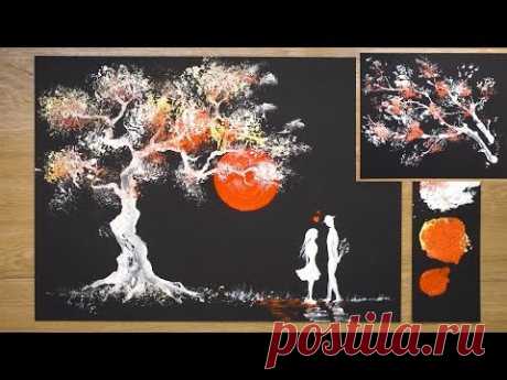 Техника рисования алюминиевой фольгой / Как нарисовать романтичную пару рядом с деревом