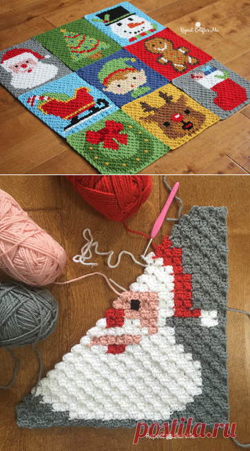 Вязанный новогодний  квадраты  с новогодними сюжетами.+ видио мастер класс