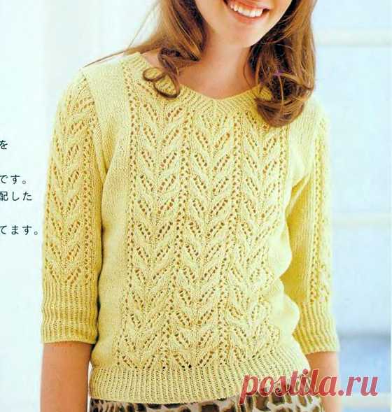 Пуловер с ажурными дорожками Вязаный спицами пуловер с ажурными дорожками узором 