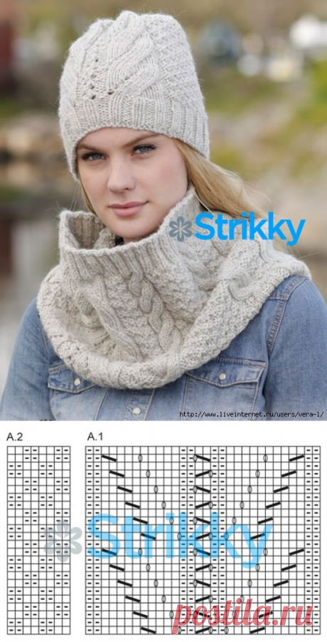 Модный вязаный комплект: шапка и снуд со жгутами спицами от Drops Design