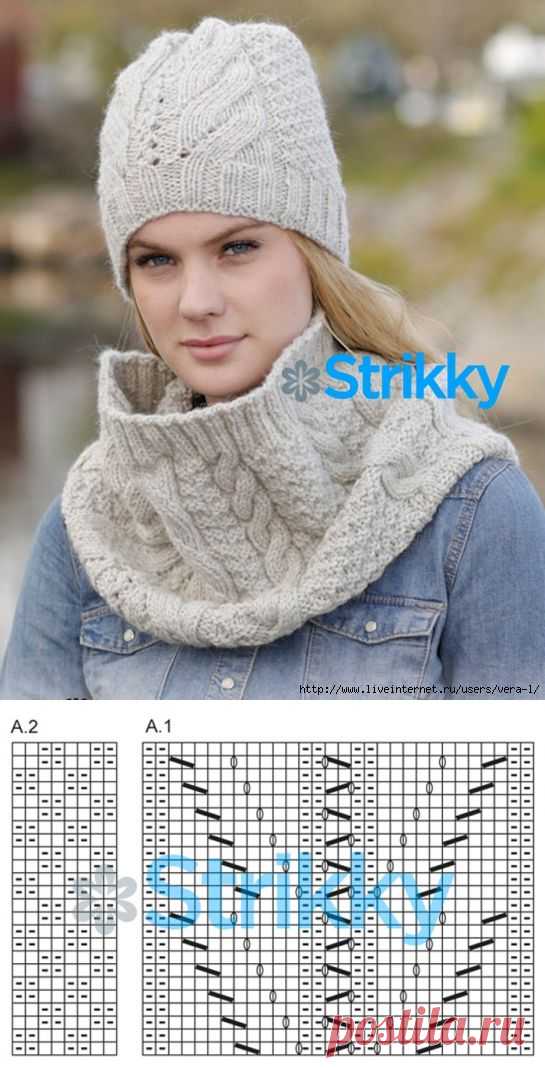 Модный вязаный комплект: шапка и снуд со жгутами спицами от Drops Design