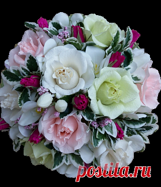 Романтика - Светло-салатовый, слоновая кость, нежно-розовый и яркие искры темно- розового. Этот букет призван превратить самый рядовой вечер в романтичный. Идеально подойдет романтичным натурам, предпочитающих классический стиль и натуралистичность.