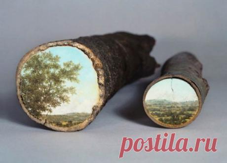 Простые пейзажи, нарисованные на срезе бревна (16 работ)
