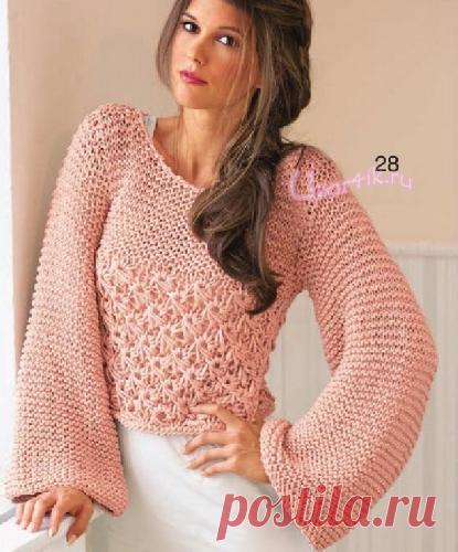 Вязаный пуловер спицами с расклёшенными рукавами - Описание вязания, схемы вязания крючком и спицами | Узорчик.ру
