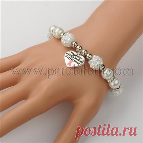 Wholesale Trendy Glass Pearl Beaded Bracelets for Breast Cancer Awareness, with Alloy Enamel Pink Ribbon Pendants and Brass Rhinestone Beads, Platinum, 205mm - Pandahall.com